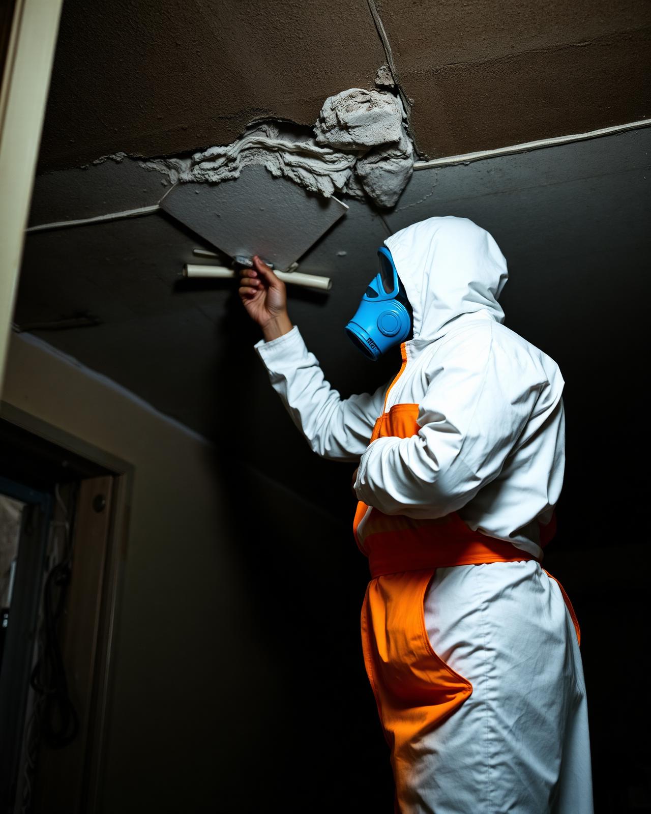 Gecertificeerde asbestinspecteur bemonstert plafondmateriaal tijdens inventarisatie